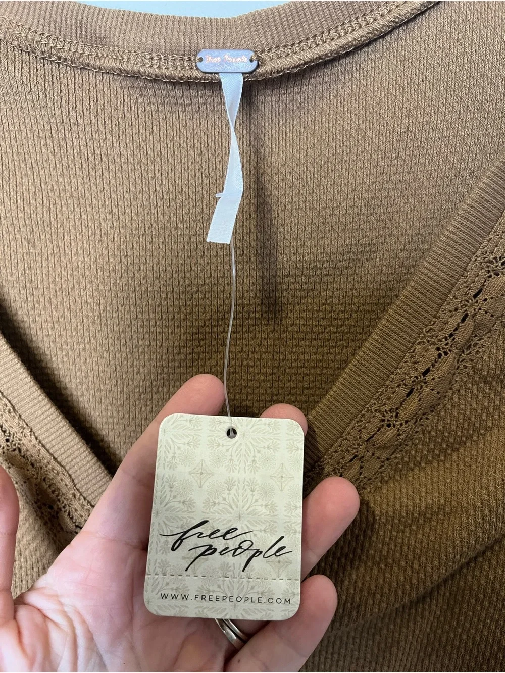 Free People Ruched Waffle Knit Long Sleeve Top in Caramel Brown